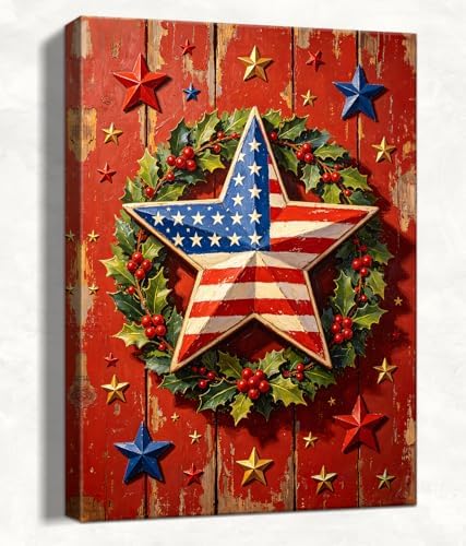July 4th Patriotic Canvas Wall Art 4th of July USA Decorations American Flag Star Wreath Picture Wall Decor Independence Day Home Decor 20x24in by HomeifHue