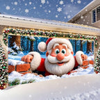 Christmas Garage Door Cover Santa Claus Winter Snow Scene Garage Door Banner 7x16 Ft, Funny Santa Peeking Over Brick Wall Holiday Garage Mural, Outdoor Christmas Dec for Home Garage Party Backdrop - Image 4