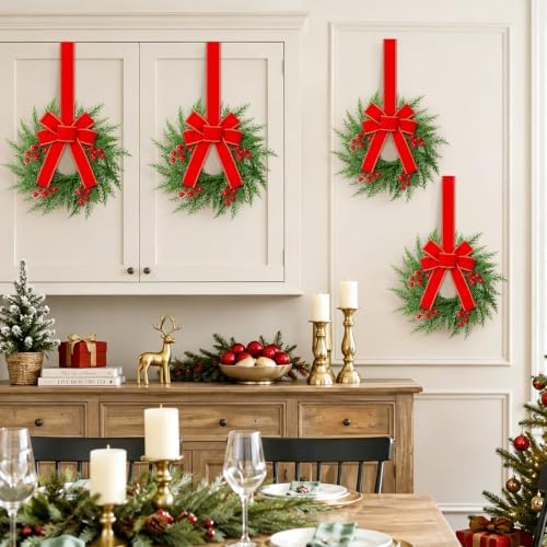 12 Pcs Mini Wreaths for Cabinets with Bow, Realistic Small Christmas Wreath - Image 4
