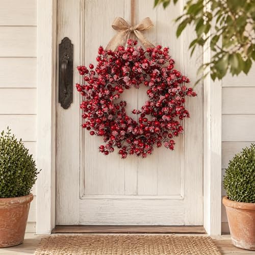 Larksilk 22in Red Frosted Berry Wreath, Iced Hawthorn Twig Christmas Wreath - Image 3
