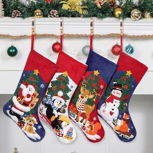 LUBOT Set of 4 Christmas Stockings Embroidered 20" Velvet Large Family Xmas Tree Stocking 4 Pack Shining Cute Cartoon Soft Luxury Stocking Fireplace Hanging Decor by LUBOT