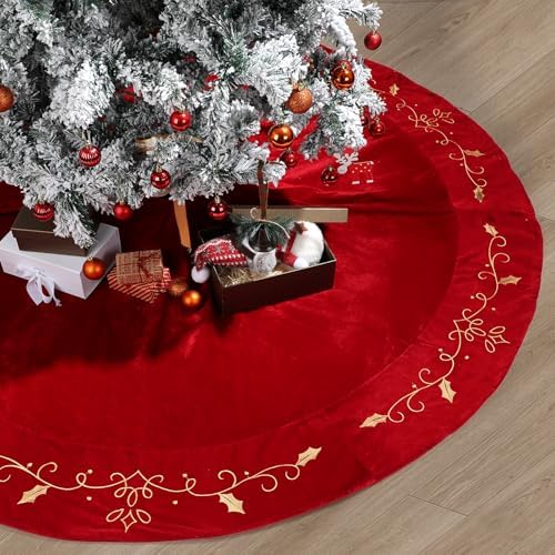 QOUBAI 60inch Extra Large Christmas Tree Skirt Red Luxury Velvet Plush Fur Skirts with Gold Embroidery Xmas Velvet Tree Skirt Holly Leaves Gold Embroidered Tree Skirt for Christmas Holiday Party Decor by QOUBAI