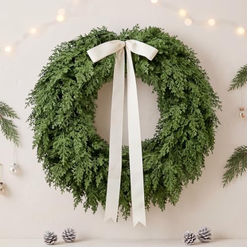 Jutom 1 Pack 22" Artificial Christmas Cedar Wreath with Soft Leaves & Ribbon, Realistic Cedar Wreath, Winter Greenery Pine Wreaths for Front Door, Wall, Window, Indoor Outdoor by Jutom