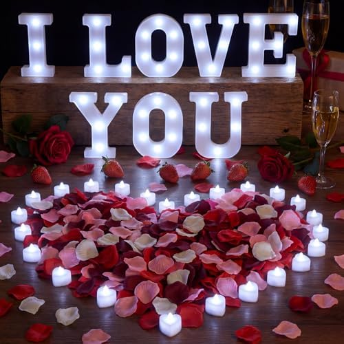 I Love You Light up Letter 24 Candles & 2000 Rose Petals, Red Pink by Qinhenes