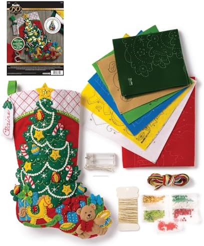 Bucilla Felt Applique 18" Stocking Making Kit with LED Lights, Christmas Tree Surprise, Perfect for DIY Arts and Crafts, 86710 by Bucilla