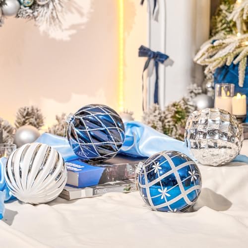 JORNOY Christmas Balls Ornaments Set, 6 inch/150mm Extra Large Shatterproof Plastic Hanging Bulbs for Xmas Tree Decorations Holiday Party with String, 4 Pack-Silver&Navy Blue - Image 4