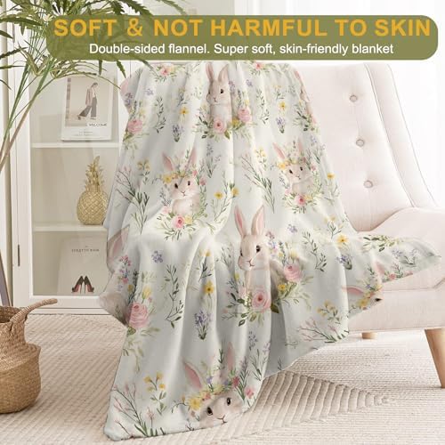 Cute Bunny Fleece Blanket - Lightweight Soft Cozy Gifts Throw for Animal Lovers, Kids,Women,Rabbit Floral Cream Blankets,Home Room Modern Farmhouse Boho Decor 50x60in - Image 2