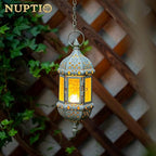 2 Pcs Moroccan Lantern Metalwork Hanging Tealight Candle Holder Metal Glass Indoor Outdoor Battery Operated LED Flameless with 35cm Chain, White - Image 3