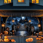 Halloween Garage Door Banner 16x7 ft Outdoor Spooky Haunted Castle Backdrop Cover Large Cemetery Gravestone Pumpkin Jack-O-Lantern Full Moon Bats Skulls Holiday House Wall Party Decorations by THISFIND