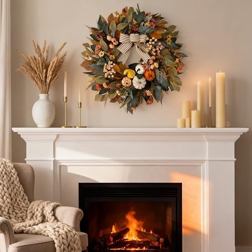 HipTree 24 Inch Fall Wreath for Front Door,Pumpkin Wreath Farmhouse Decor - Image 6