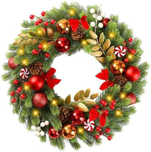 Sggvecsy 17 Inch Artificial Christmas Wreath for Front Door with 20 LED Lights Pine Needles Christmas Balls Red White Berries Pine Cones Bows Decoration for Winter Outdoor Wall Home Holiday Xmas Decor by Sggvecsy