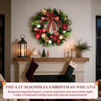 Hykolity 24 Inch Pre-Lit Magnolia Christmas Wreath, Battery Operated Lighted Wreath with 30 Warm White LEDs, Timer, Burgundy Flowers, Plaid Bow, Ornaments and Pinecones for Front Door - Image 2