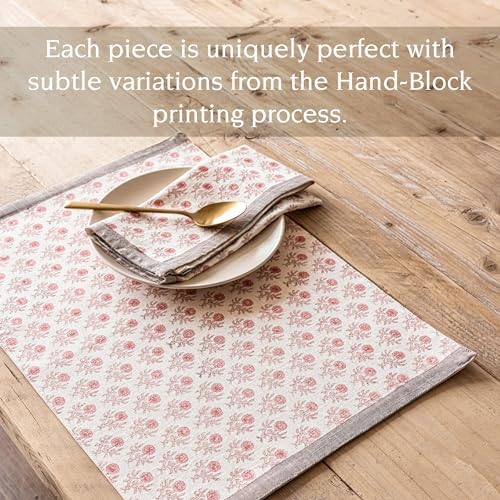 Over&Back Set of 4 Hand-Blocked Placemats - Colorful Dining Table Mat - Each Placemat is Unique - 100% Cotton - Machine Washable - Kitchen and Home Decor - Pink Blossom - Image 3