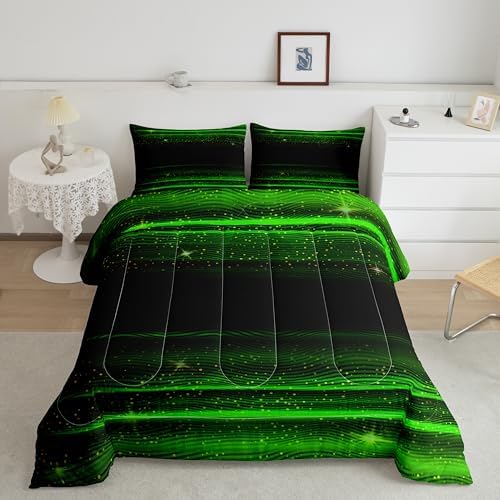 Ombre Stripes Bedding Set King Black Green Outer Space Comforter Modern Gradient Geometric Down Comforter for Kids Boys Girls Teens Adult Soft Quilt Warm Lightweight with 2 Pillowcases Bedroom Decor by Erosebridal
