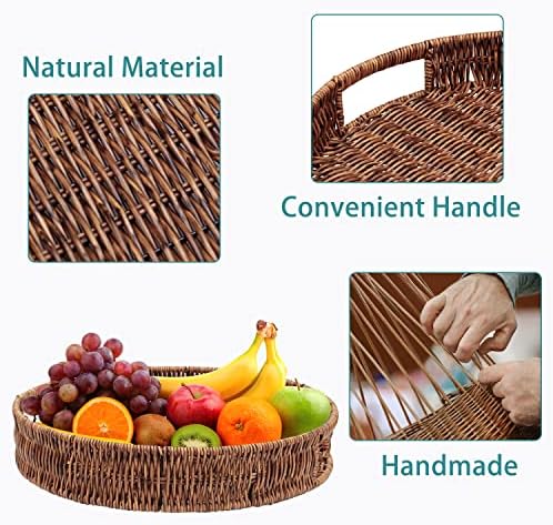 Coffee Table Tray 2 Pack Rattan Woven Basket Multifunctional Round Rattan Serving Tray with Handles, Decorative Trays for Home Decor, Kitchen Counter, Living Room - Image 3