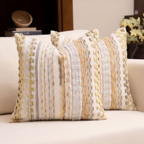 Boho Chenille Tufted Throw Pillow Covers 18x18 Inch Set of 2 Farmhouse Yellow Woven Striped Decorative Pillowcases for Couch Sofa Bed by KOOLIFE