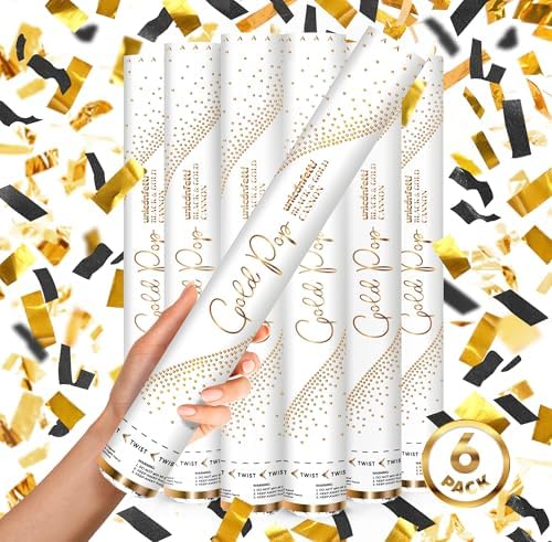 JAPJA Streamer Confetti Cannons, Black & Metallic Gold, 16in, 6-Pack by JAPJA