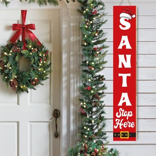 SRongmao Santa Stop Here Porch Sign Christmas Front Door Hanging Decorations 8x63inch Vertical Wooden Indoor Outdoor Standing Signs For Home Yard Farmhouse Holiday Decor - Image 4