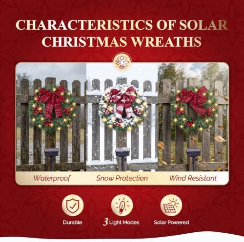 VINGLI 14 Inch Solar Christmas Wreath 3 Pack with 60 LED Lights, Red Bow - Image 7