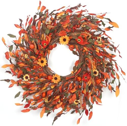25" Fall Wreaths for Front Door, Passional Daisy Pumkin Wreath for Thanksgiving Harvest Front Door Wreath Decor, Farmhouse Outdoor Wedding by LOKEISNA