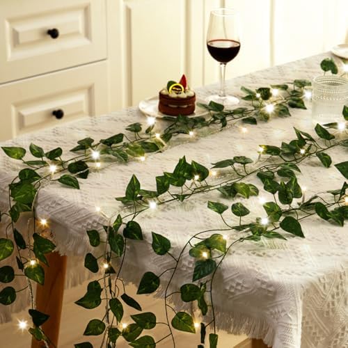 CEWOR 24 Pack 173ft Fake Ivy Vines, Artificial Ivy Garland with 200 LED String Lights, Hanging Plants Greenery Backdrop Green Leaves for Bedroom Room Wall Decor Wedding Party Table Decoration - Image 4