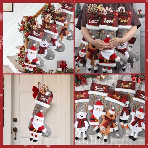 Personalized Christmas Stockings with Embroidered Name,Custom 3D Xmas Character Stocking 5 Pack 18” Large,Santa,Snowman,Reindeer & PenguinFireplace Hanging Burlap Plaid Grey Stockings - Image 7