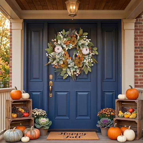 22 inch Fall Wreaths for Front Door, with Artificial Eucalyptus 5 Large Velvet Pumpkin Porch for Home Autumn Thanksgiving Farmhouse Holiday Outdoor Decor - Image 4