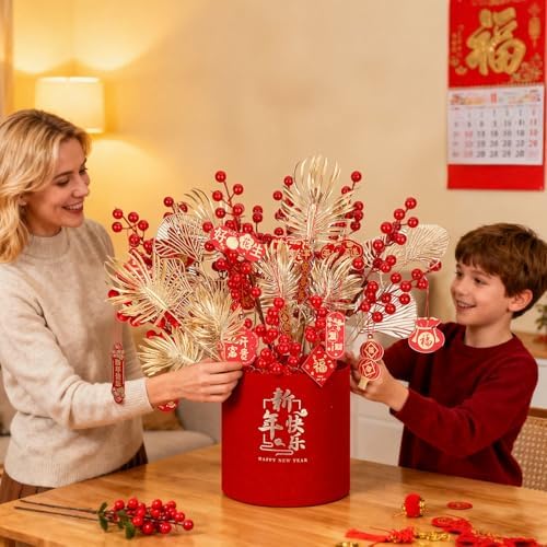 Norme 32 Pack Chinese New Year Decorations 14 Pcs Artificial Red Berries and Gold Leaves Branches with 18 Pcs Decor Pendants, Lunar New Year Table Centerpiece Fortune Lucky Tree Floral Arrangement - Image 4