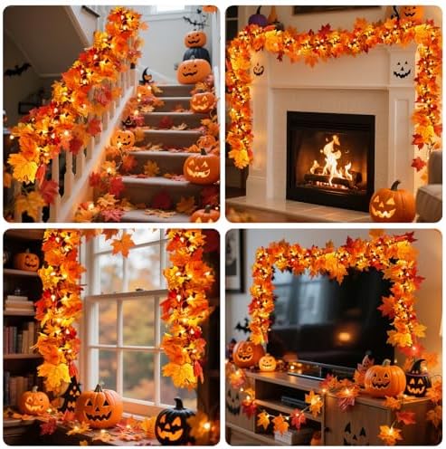 3Pack Fall Leaf Garland with Lights Plug in, 35 Orange Bulbs Light Up Fall Leaves Garland, Fall Decor Fall Decorations for Home Table Thanksgiving Mantel,Fireplace,Porch,Halloween Autumn Decor - Image 4