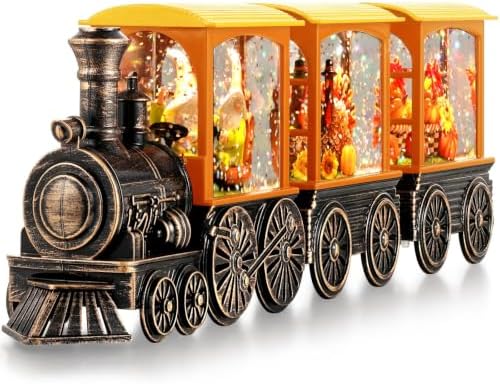 Fall Snow Globe Lantern Fall Decorations for Home, Lighted Fall Decor with Pumpkin Turkey Gnome Train, 6H Timer Thanksgiving Swirling Glitter Snow Globe for Harvest Day, Battery Operated by Gorrzai