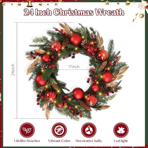 24 inch Christmas Wreath, Christmas Wreath for Front Door, Christmas Door Wreath Decor for Xmas Indoor Outdoor Holiday Decor (Red Ball) - Image 7