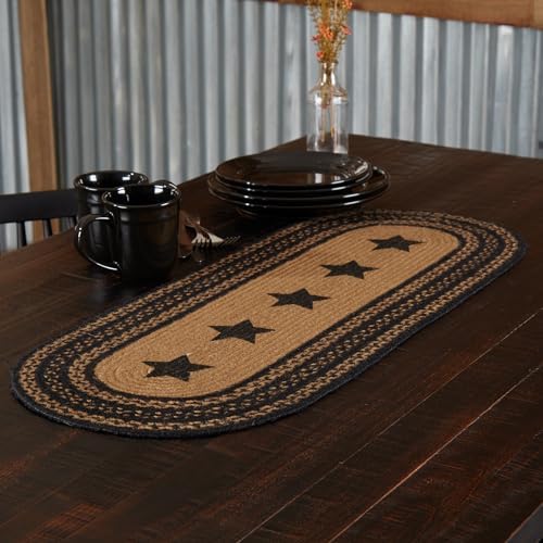 VHC Brands Farmhouse Primitive Jute Black Textured Table Runner w/Stenciled Stars 13"x36" by VHCBrands
