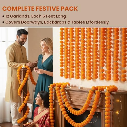 SATVIK Set of 12 Artificial Marigold Flower Garlands (60 Inch Each) – Faux Orange Floral Strings for Home, Wedding, Festival, Wall, Entryway, Indoor Outdoor Decorations - Image 2