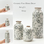 Ceramic Flower Decorative Antique Vase Set of 3, Vintage Rustic Chinoiserie Floral Vase for Home Decor, Living Room, Bookshelf, Office, Entryway, Garden, Chinoiserie Decor, Tuscan Decor- Gray - Image 3