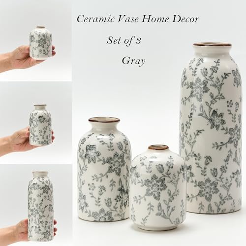 Ceramic Flower Decorative Antique Vase Set of 3, Vintage Rustic Chinoiserie Floral Vase for Home Decor, Living Room, Bookshelf, Office, Entryway, Garden, Chinoiserie Decor, Tuscan Decor- Gray - Image 3