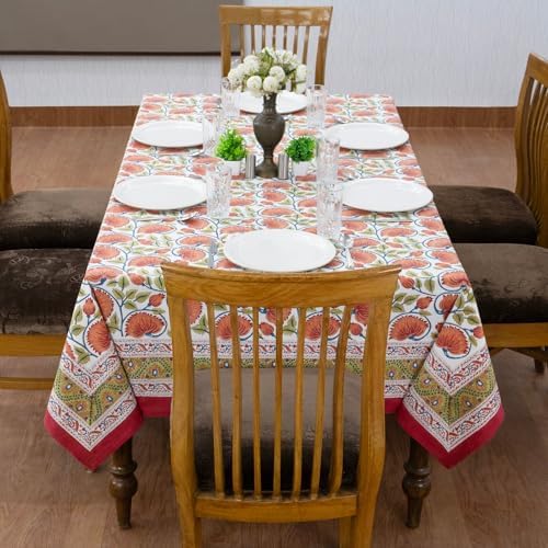 72x118 Inches Rectangle Hand Block Printed Cotton Tablecloth, Red Yellow Floral Table Cloths Washable, Indian Table Linen for Halloween Christmas Outdoor Thanksgiving Gifts Home Decor Dinning Outdoor - Image 2