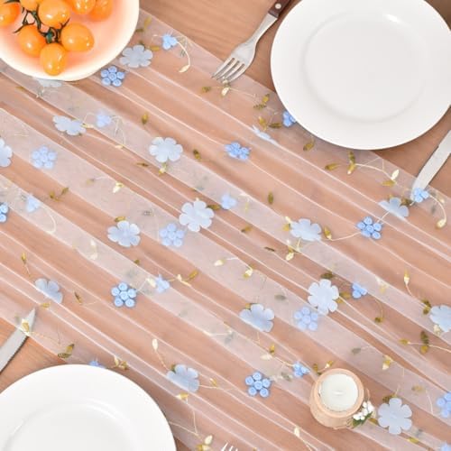 Blue Wildflowers Table Runner Gauze Floral Birthday Party Home Table Decor - Image 4