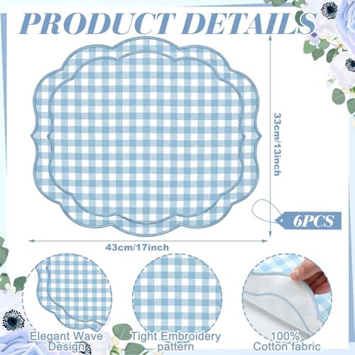 Breling 6 Set Gingham Placemat 17" x 13" Cotton Linen Placemat, Blue - Image 2
