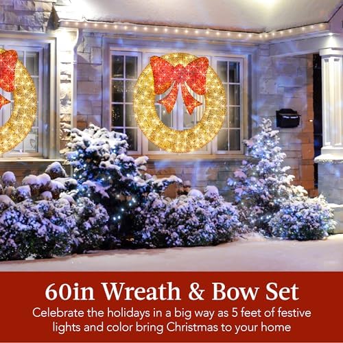 Best Choice Products 60in Pre-Lit Outdoor Christmas Wreath Decoration, LED Metal Holiday Decor for Home Exterior, Garden w/ 206 Lights, Bow - Gold/Red - Image 2