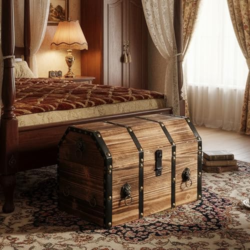 Vintiquewise Wooden Treasure Chest Trunk Vintage-Style Storage Box with Leather Straps Brass Rivets Lion Head Ornaments & Latch Closure Decorative Accent and Functional Organizer for Home Décor, Large - Image 3
