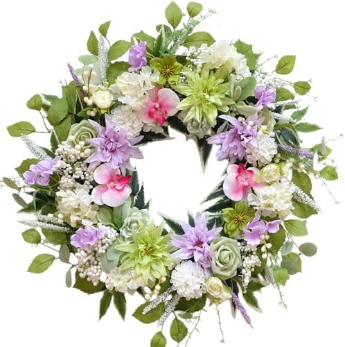 24 Inch Spring Wreath for Front Door, Artificial Spring Summer Floral Wreath with Dahlia Hydrangea Orchid for Home Wall Wedding Festival Indoor Outdoor Decor by Bibelot