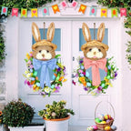 Zeyune 2 Pcs 18.1"x 11.4" Easter Bunny Wreath with Colorful Eggs Artificial Easter Wreath Mixed Flowers Green Leaves Hanging Bunny Shaped with Straw Hat and Bow for Front Door Wall(Bow Bunny) - Image 4