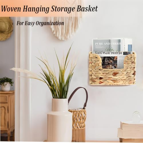 Hanging Magazine Basket, Woven Wall Magazine Holder Organizer with Handle for Mail, Files, Books - Water Hyacinth Farmhouse Storage Rack for Bathroom, Kitchen, Office - Image 5