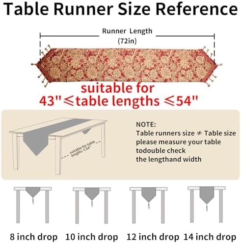Luxury Vintage Table Runners 72 inches Long Embroidery Jacquard Fabric with Multi-Tassels Table Runners for Dining Room Dresser Wedding Christmas Thanksgiving Party Decorations (Red, 12X72inch) - Image 2