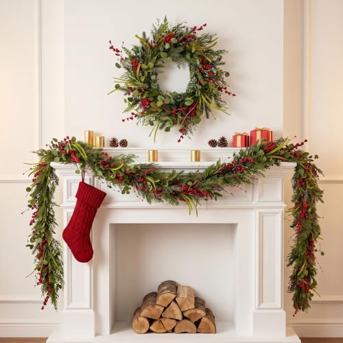 24 Inch Artificial Christmas Wreaths for Front Door with Eucalyptus, Red Berries for Outdoor Wall Farmhouse Holiday Xmas Decoration - Image 6