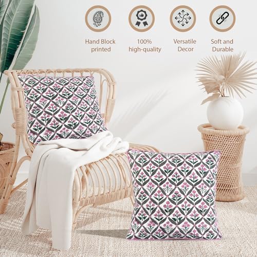 Ridhi Block Print Pink and White Pillow Cover 20" x 20" (Pack of 2) Decorative Couch Pillows for Living Room, Chic Boho Cute Outdoor Pillows Covers Gifts for Spring, Easter and Valentine - Image 4