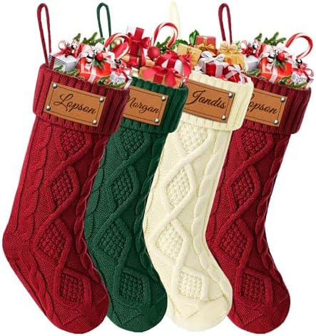 Personalized Christmas Stockings, Custom Engraving Christmas Stockings 4 Pack with Names, 18” Large Knitted Xmas Stocking for Family Kids, Fireplace Hanging Holiday Christmas Party Decoration by Bianspz