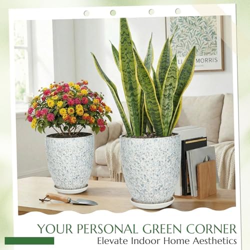 11.8 Inch Flower Pots for Indoor Plants,Ceramic Planter with Saucer Drainage Leak-Proof Mesh Gardening Gloves (Spotted Blue) - Image 2