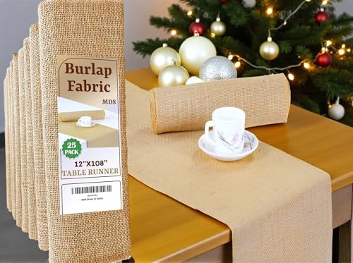 MDS® Pack of 25 Natural Burlap Table Runner, 12 x 108 Inch, Jute Vintage Rustic Farmhouse Boho Table Decor for Wedding Reception, Dining Table, Bridal Shower, Baby Shower & Holiday Party Decorations by MDS