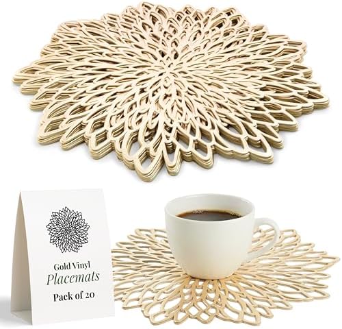 Juvale 20-Pack Gold Vinyl Placemats - Round Leaf Design Table Chargers for Dining Table Settings (14.4 Inches Place Mat) by Juvale